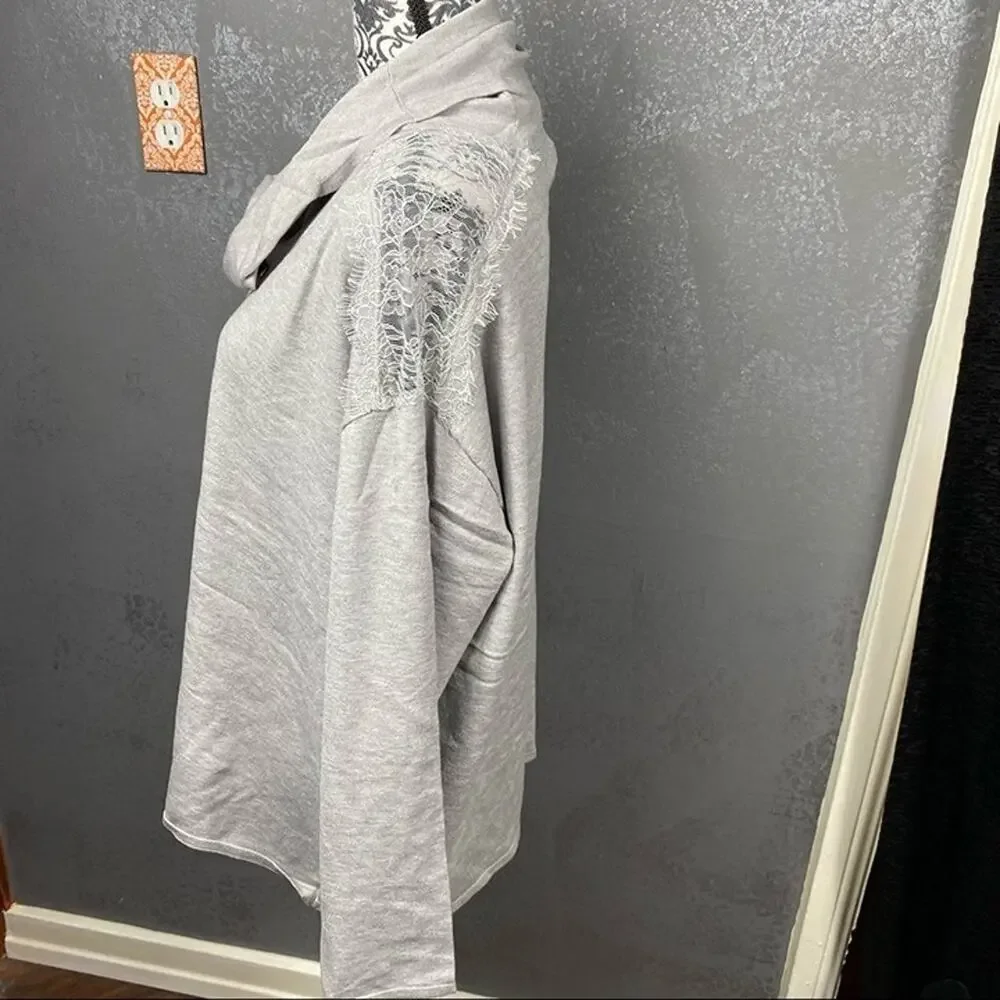 H Halston Light Heather Gray Cowl Neck Lace Shoulder Sweater, Size Large, NWT